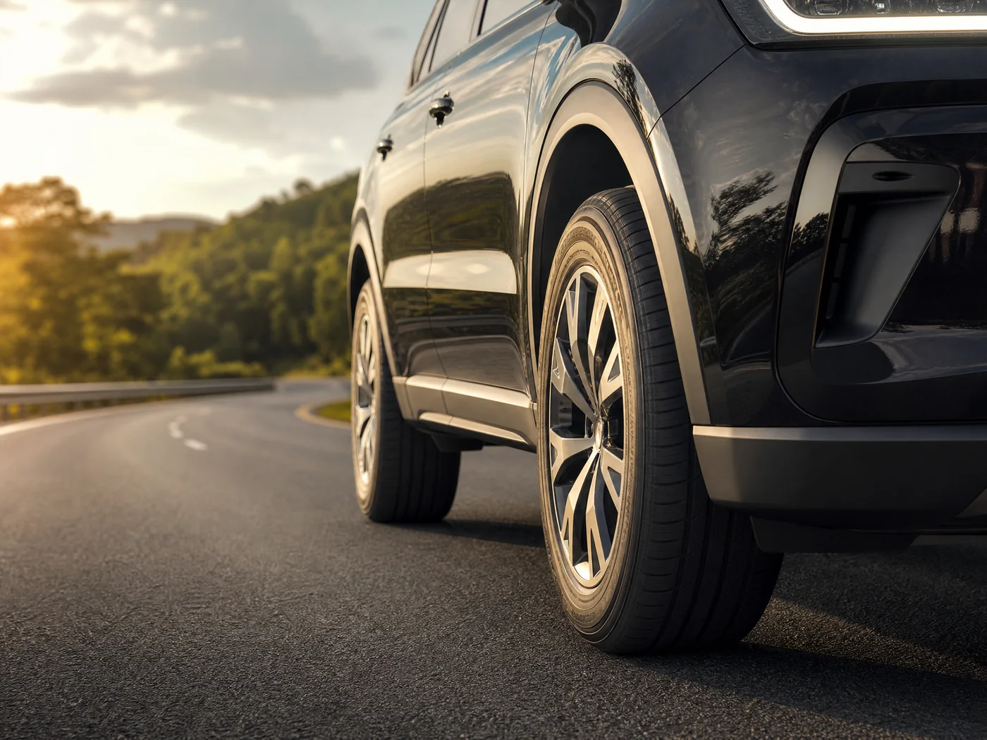 SUV em rodovia com pneu e roda visíveis